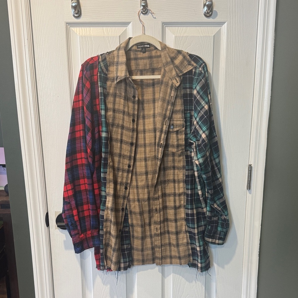 Fashion Nova Patchwork Plaid Shirt Jacket - Red, Tan, Green